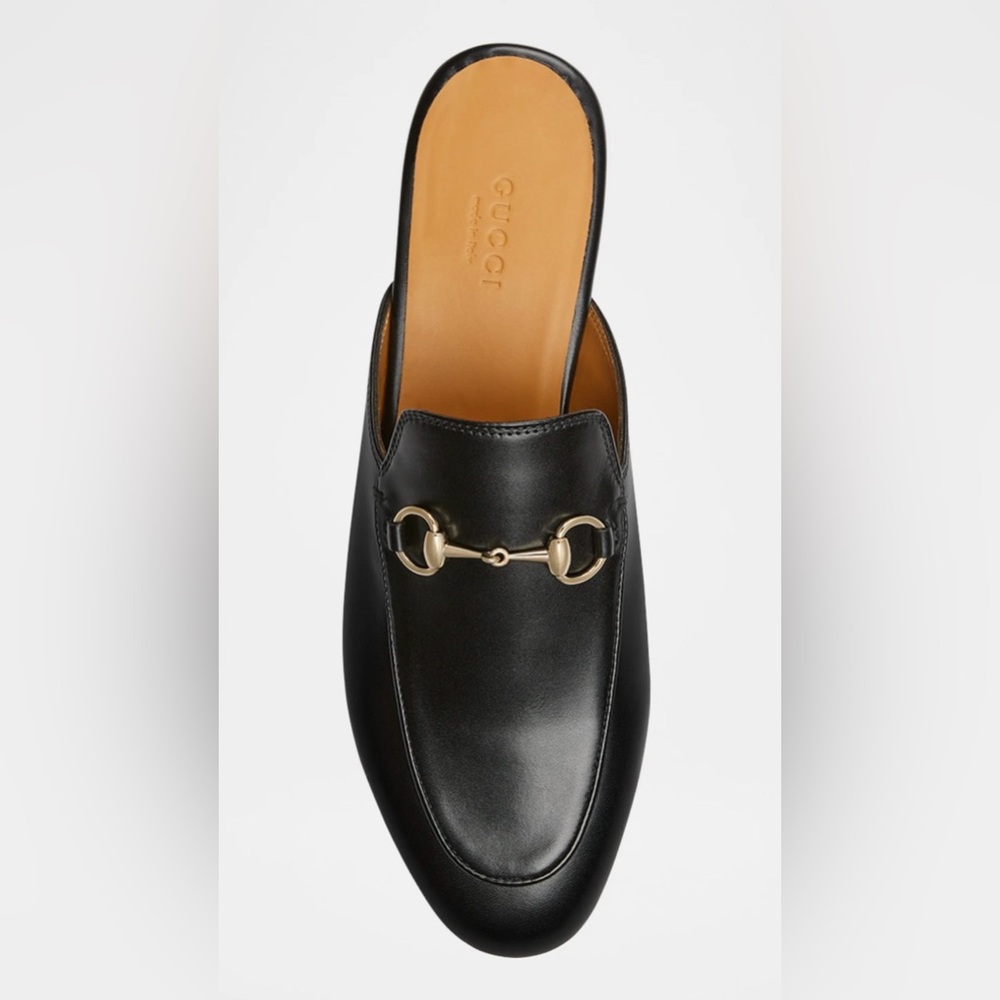 SOLD ********.      Gucci Black Leather Loafer Mules with Gold Detail.